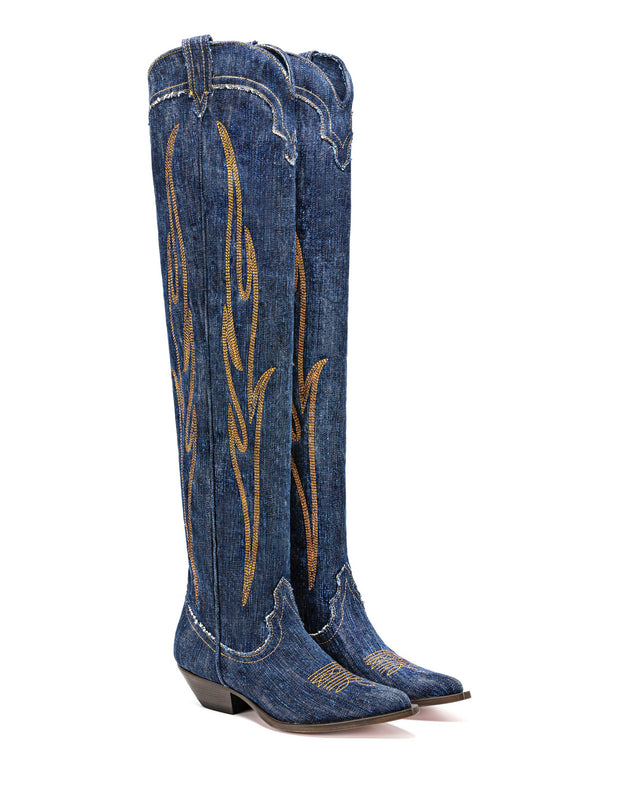 Hermosa Women's Over The Knee Boots in Blue Denim | Orange Embroidery 01